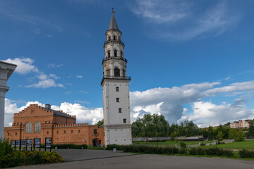 Nevyansk's Leaning Tower and the church, Russia. Built in the 18th century, The height is 57.5 metres. Deviationfrom the vertical - about 1.85 metres