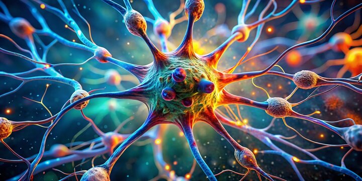 Microscopic View of Neuron Cell Body with Nissl Bodies and Prominent Nucleolus - Stock Photo