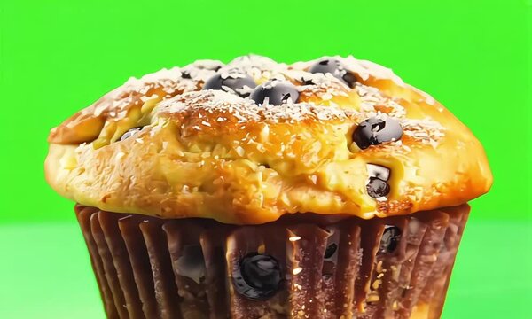 a cupcake muffin dessert rotation scene isolated with macro object shoot on green screen