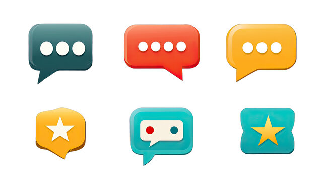 Colorful Chat Bubbles: A set of six vibrant and playful chat bubbles with different shapes and designs, ideal for social media graphics, website design, and mobile app interfaces.  