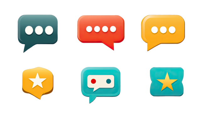 Colorful Chat Bubbles: A set of six vibrant and playful chat bubbles with different shapes and designs, ideal for social media graphics, website design, and mobile app interfaces.  