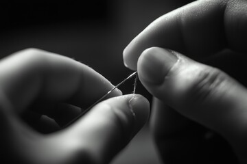 Close-up of hands threading a needle, showcasing the delicate process of sewing.
