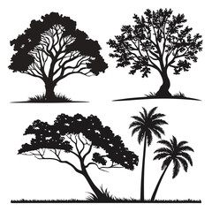 Obraz premium Tree silhouette vector set includes various tree types, palm, oak, and more. Perfect for nature designs, landscaping, and botanical illustrations 