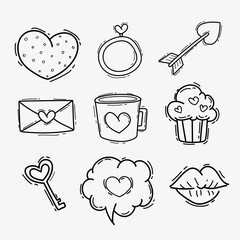 Valentine's Day Icon Set – Hand Drawn Collection of Love Symbols and Elements