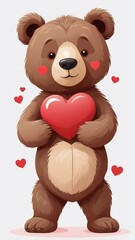 Obraz premium Brown standing bear toy holding red heart. Realistic illustration isolated on white background. Cute teddy character. Fashion print, greeting card or poster design element