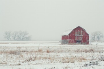 Snow blankets a red barn in a winter landscape surrounded by frosty trees in an open field