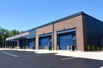 Modern warehouse building exterior with loading docks and parking lot
