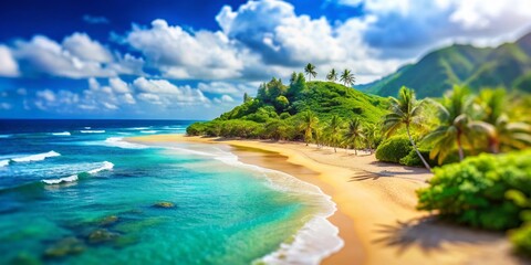Miniature Beach Paradise: Hawaiian Island Escape, Summer Sun, Ocean Waves, Blue Sky