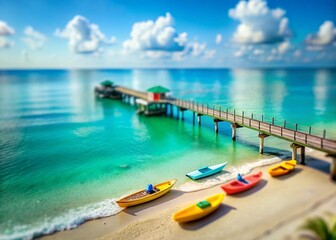 Fototapeta premium Miniature Beach Scene: Kayaks, Pier, and Ocean Waves - Tilt-Shift Photography