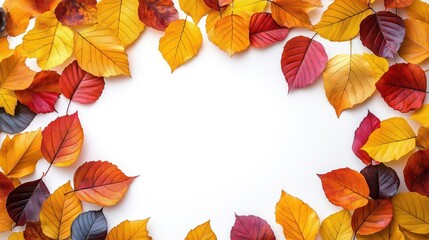 Colorful autumn leaves form border on white background. Vibrant yellow red orange foliage. Natural fall colors. Beautiful leaves create attractive frame. Autumnal theme. Perfect for seasonal designs.
