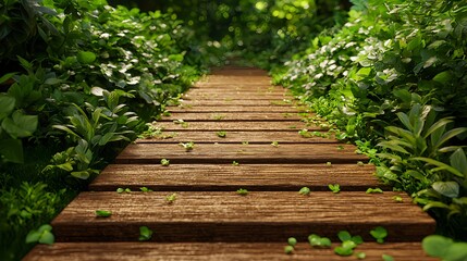 Obraz premium Serene Wooden Pathway Through Lush Greenery in Forest Environment