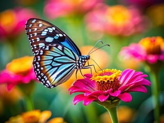 Obraz premium Miniature Blue Tiger Butterfly on Pink Zinnia, Tilt-Shift Macro Photography