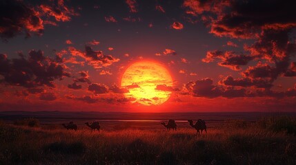 Fototapeta premium Camels sunset desert grassland Africa travel