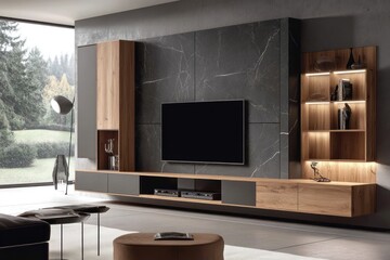 Modern living room with large TV entertainment unit, wooden cabinets, and dark gray marble wall.