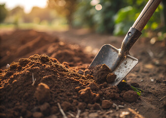 Gardening shovel digging soil at sunset in a lush garden background with copy space