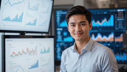 A confident young man stands in front of multiple monitors displaying vibrant stock market graphs and data. He is smiling, reflecting his engagement in the financial sector and analytics