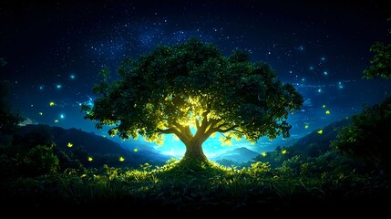 Bright Tree Illuminated by Fireflies Under a Starry Night Sky