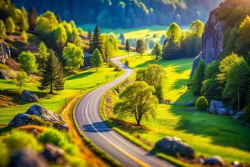 Fototapeta premium Miniature Meadow Road: Tilt-Shift Landscape Photography of Country Road Winding Through Green Fields and Rocky Terrain