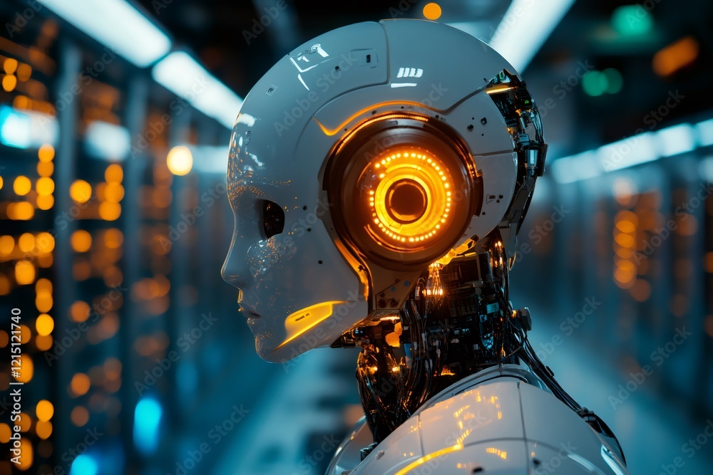 Leinwandbilder futuristic robot managing network operations in massive server farm