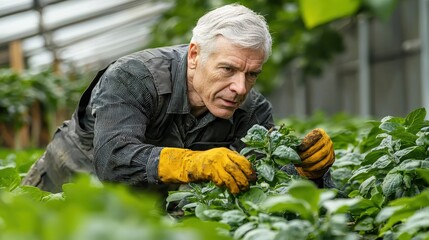 Senior Farmer Inspecting Crops in Greenhouse
