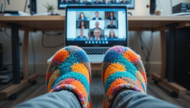 Relaxed atmosphere where a person enjoys a virtual meeting while wearing vibrant, cozy slippers. A laptop displays several participants, enhancing the remote work experience