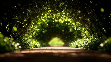 Fototapeta premium Lush Green Pathway Through a Sunlit Tree Canopy in Nature Scene