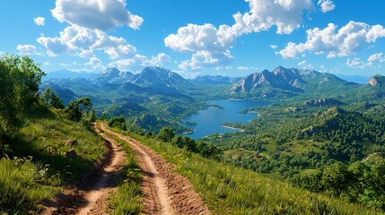 Obraz premium Scenic Mountain Landscape with Lush Greenery and Blue Lake View