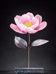 A Solitary Pink Peony Delicately Arranged - Elegance, serenity, beauty, simplicity, nature. A single pink peony stands tall, symbolizing grace and delicate beauty.