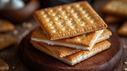 A stack of four rectangular matzo pieces rests on a rustic wooden board,
