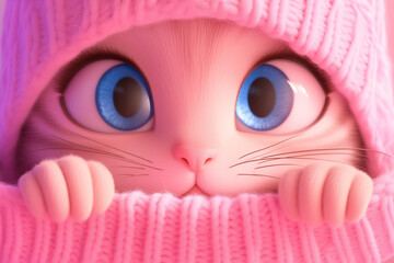 Obraz premium Illustration of 3D Kitten in Pink Hat and Scarf