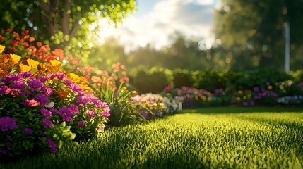 Vibrant Flower Bed with Sunlight Shining on Lush Green Grass
