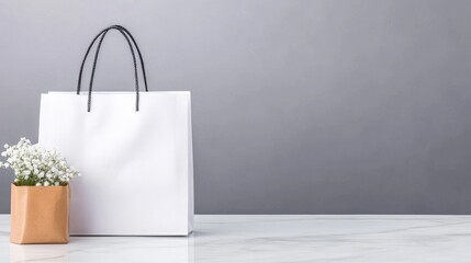 Stylish white shopping bag with black handles beside small potted plant on marble surface with gray background