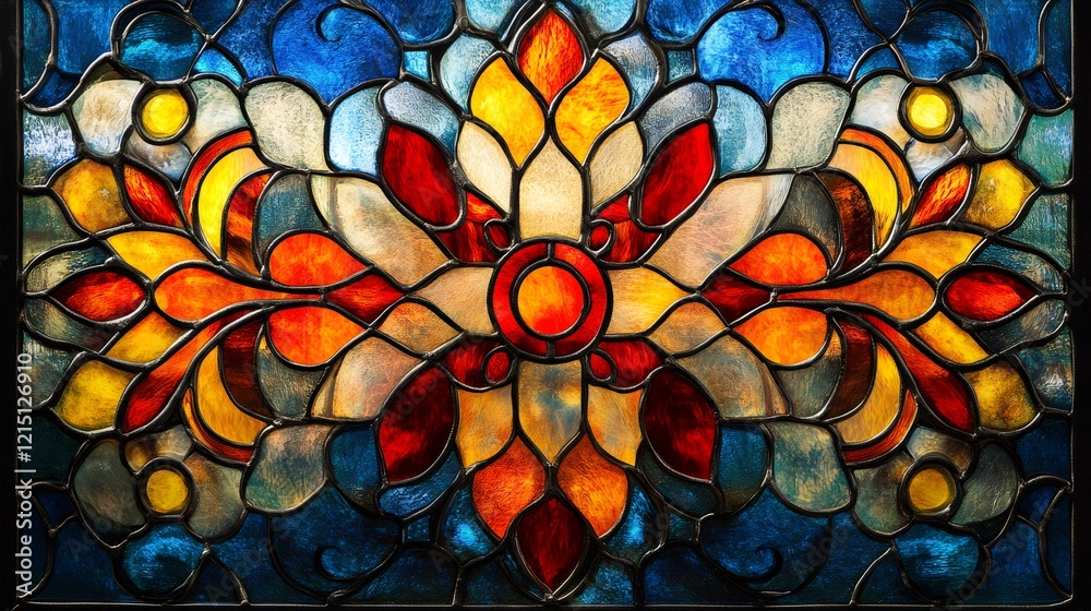 Poster colorful stained glass window depicting floral patterns creating a mesmerizing kaleidoscope of light