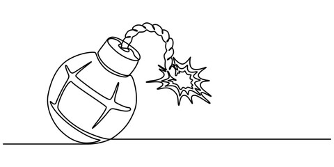 bomb object war old one line art design vector, Bomb with burning fuse continuous one line drawing, Continuous line drawing of dynamite with burning wick. TNT explosion concept in minimalist style.
