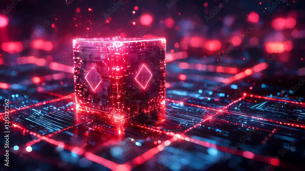 Poster a futuristic digital blockchain cube glowing in a neon red cyber environment with tech elements