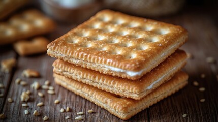 A stack of four rectangular matzo pieces rests on a rustic wooden board,