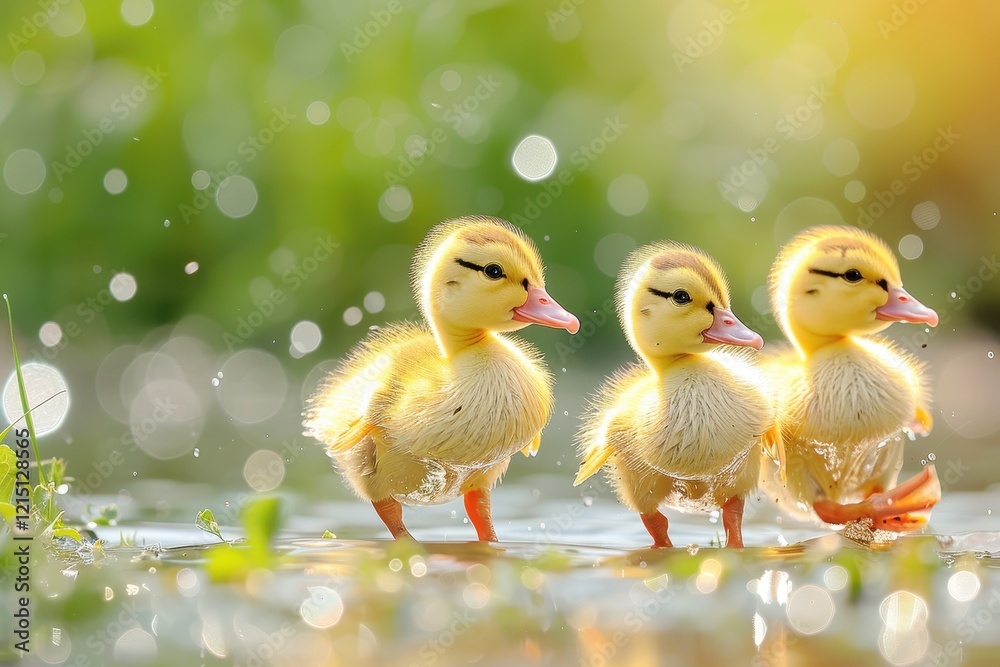 Poster cute ducklings waddle through a refreshing puddle on a sunny day surrounded by greenery and sparklin
