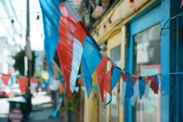 Red, white, and blue triangular flags hanging along a city street, creating a festive atmosphere