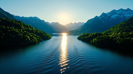 Serene Mountain Lake at Sunrise with Reflection and Lush Forests