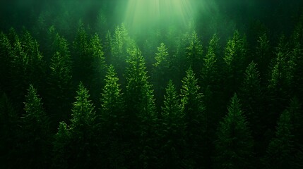 Naklejka premium Lush Green Forest with Sunlight Piercing Through the Canopy