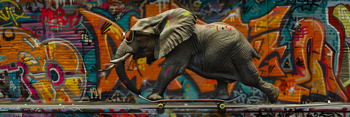 Obraz premium Elephant on Skateboard with Sunglasses in Urban Graffiti Setting - Whimsical Frontier of Imagination and Creativity