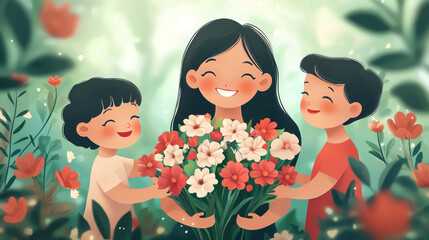 Children joyfully present a colorful bouquet to a woman, celebrating International Women's Day against a vibrant, springtime floral backdrop