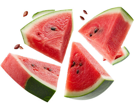 Watermelon pieces falling isolated on white background, cutout