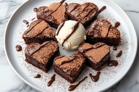 Heart shaped chocolate brownies topping vanilla ice cream drizzled with chocolate sauce and cocoa powder