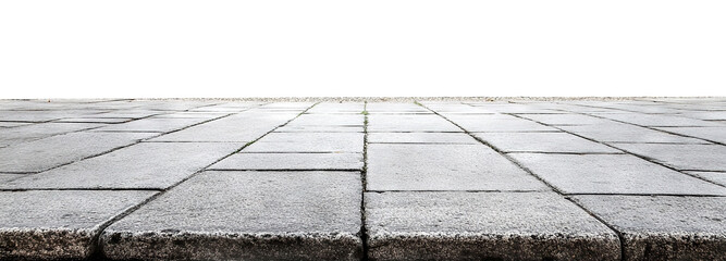 Paved sidewalk with textured stone tiles, isolated on transparent cutout background 
