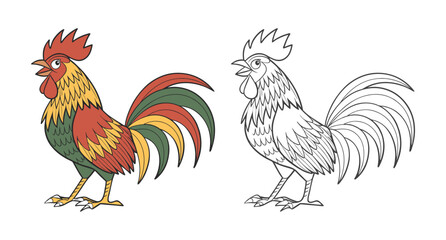 Rooster. Cute farm poultry. Illustration and Coloring Page. Coloring book for children and adults. 