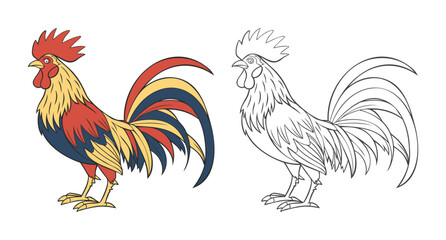 Rooster. Cute farm poultry. Illustration and Coloring Page. Coloring book for children and adults. 
