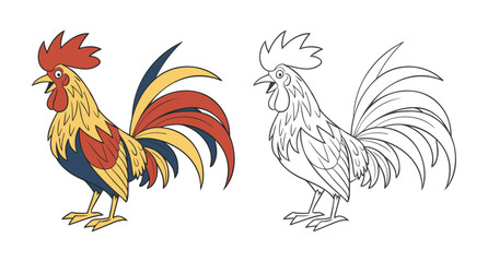 Rooster. Cute farm poultry. Illustration and Coloring Page. Coloring book for children and adults. 