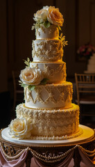 Tall and elegant wedding cake featuring intricate floral details, capturing the opulence of Rococo-inspired celebrations.