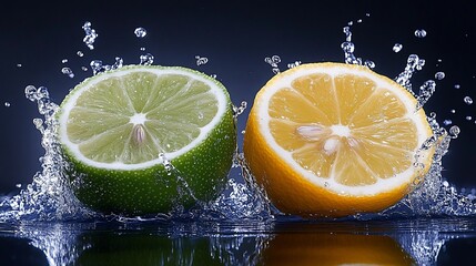 Fresh lime and lemon halves splashing in water.